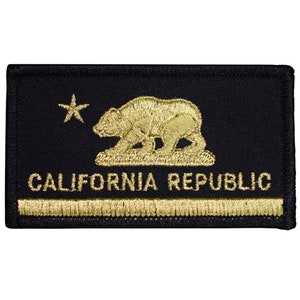 May include: Black embroidered patch with a gold outline featuring the California Republic bear and star with the text "CALIFORNIA REPUBLIC" underneath.