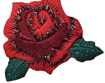 Small Red Rose Applique Patch - Leaves Flower Gardening Bloom 1-7/8" (Iron on)