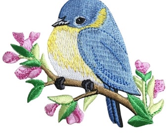 Bluebird Applique Patch - Bird, Flowers, Branch 3.5" (Iron on)