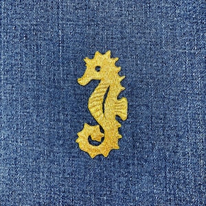 Gold Seahorse Applique Patch - Embroidered Sea Creature Badge 2.75" (Iron On)