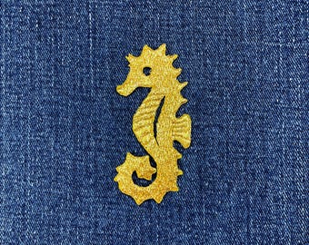 Gold Seahorse Applique Patch - Embroidered Sea Creature Badge 2.75" (Iron On)