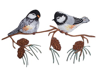 Chickadees on a Branch Applique Patch -  Birds, Tree, Pine Cones 5.5" (Iron on)