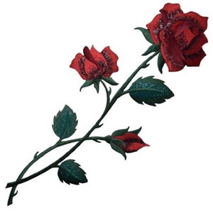 May include: Red embroidered rose patch with green leaves and stems.