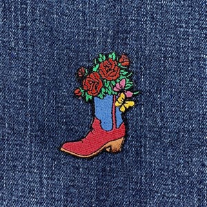 Cowgirl Boot Applique Patch - Embroidered Roses & Butterfly Badge 2.25" (Iron On)