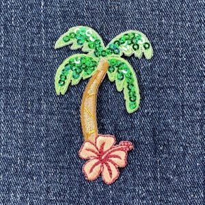 Sequin Palm Tree & Hibiscus Flower Applique Patch - Embroidered Tropical Beach Badge 2.5" (Iron on)