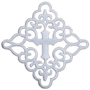 May include: White embroidered iron-on patch with a cross design in a diamond shape.
