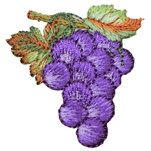 May include: Embroidered patch depicting a bunch of purple grapes with green and orange leaves. The grapes are a deep violet colour, and the leaves have detailed stitching with shades of green and orange. The patch is designed to be sewn or ironed onto fabric.