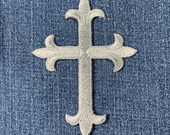 Large Gray Cross Applique Patch - Embroidered Christ Jesus Badge 4" (Iron On)