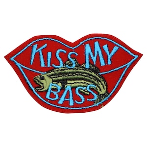 Kiss My Bass Patch - Fishing Fisherman Red Lips Novelty Badge 4.5&quot; (Iron on)