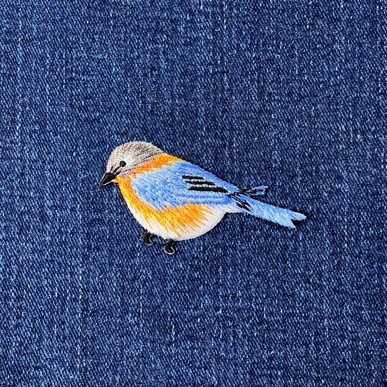 Pu&ograve; includere: Toppa ricamata di un uccello azzurro con testa grigia, ali blu e petto arancione. L'uccello ha dettagli neri ed &egrave; posto su uno sfondo di denim blu scuro. Per abbigliamento o accessori.
