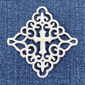 White Cross Applique Patch: Fleur de Lis Embroidered Badge (3 inch Iron On)