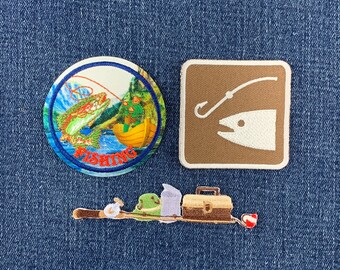 3-Pack Fishing Patch Set - Embroidered Fish Hook Pole Tackle Box Lures Boat Badges