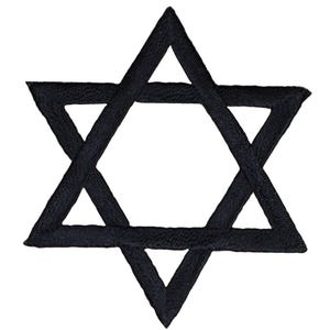 May include: A black six-pointed star, also known as the Star of David, is a symbol of Judaism.