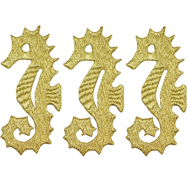 Seahorse Applique Patch - Gold, Ocean Tropical Fish 2.75" (3-Pack, Iron on)