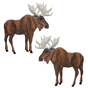 May include: Two embroidered patches of a moose. The moose are brown with black shading and large, off-white antlers. The patches are on a white background.
