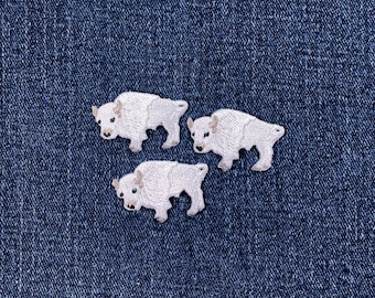 3-Pack White Buffalo Applique Patch - Mini Embroidered Bison Animal Badge 1.25" (Iron On)