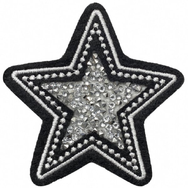 Crushed Crystal Star Applique Patch - Black White & Silver  2-7/8" (Iron on)