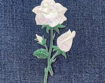 White Rose Applique Patch - Embroidered Flower Badge 4.75" (Iron On)