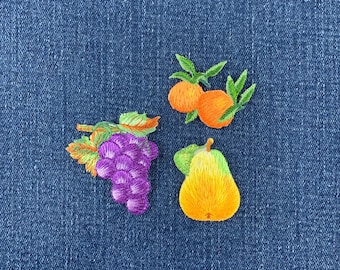 3-Pack Fruit Patch Set - Embroidered Citrus Oranges Grapes & Pear Food Badges (Iron On)