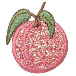 May include: Embroidered patch of a peach with a glittery pink center, green leaves, and a brown stem. The peach is outlined in a darker pink thread. This patch is suitable for clothing, bags, or other fabric items.