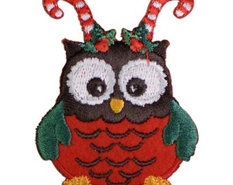 Christmas Owl Applique Patch - Embroidered Candy Cane Holiday Badge 2-3/8" (Iron On)