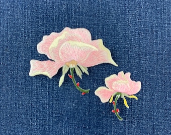 2-Pack Pink Rose Patch Set - Embroidered Decorative Flower Badges (Iron On)