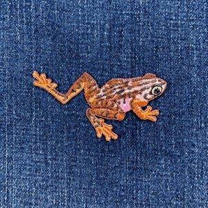 May include: A detailed frog patch in shades of orange, brown, and pink. The frog has a textured design and is set against a blue denim background. The patch is designed to be sewn or ironed onto fabric.