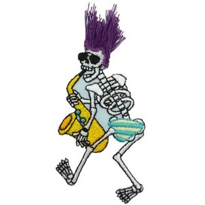 May include: An embroidered iron-on patch featuring a skeleton playing a saxophone. The skeleton has purple hair and is wearing sunglasses. The saxophone is yellow and the skeleton is wearing blue and white striped shorts.