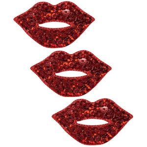 Lot de 3 écussons appliqués lèvres rouges - Badge brodé à sequins 1,75 po. (fer à repasser)