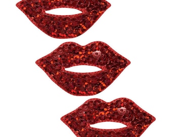 Red Lips Applique Patch - Sequin, Kiss, Mouth Badge 1.75" (3-Pack, Iron on)