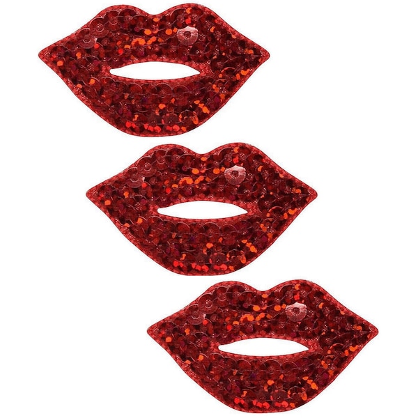 Red Lips Applique Patch - Sequin, Kiss, Mouth Badge 1.75" (3-Pack, Iron on)