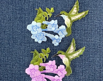2-Pack Hummingbird Applique Patch - Embroidered Flowers & Bird Badge 3.5" (Iron On)