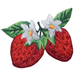 May include: Two embroidered red strawberries with green leaves and white flowers.