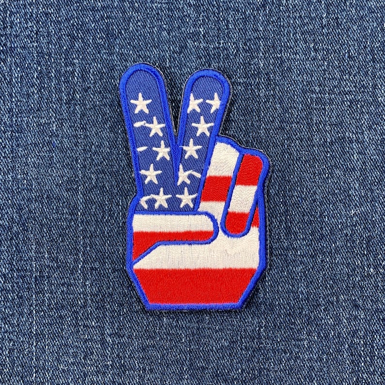 USA Peace Fingers Patch - Embroidered United States Of America Badge 3.25" (Iron On) image 1