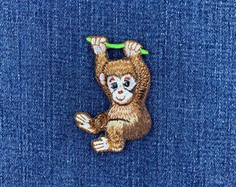 Baby Monkey Applique Patch - Embroidered Animal Swinging On A Vine Badge 2-7/8" (Iron On)