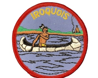 Vintage Iroquois Patch - Embroidered Canoe & Native American Indian Badge 3" (Sew On)