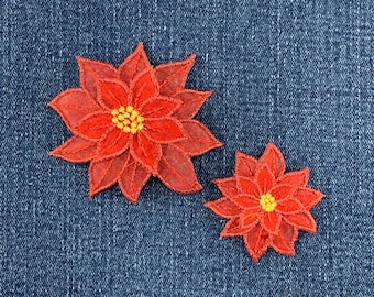 Paquete de 2 parches de aplique de flor de Pascua roja - Insignias navideñas bordadas en capas (para planchar)