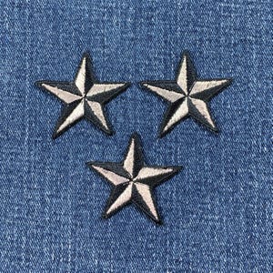 3-Pack Nautical Star Applique Patch - Embroidered 3D Silver Black Star Badge 1.5" (Iron On)