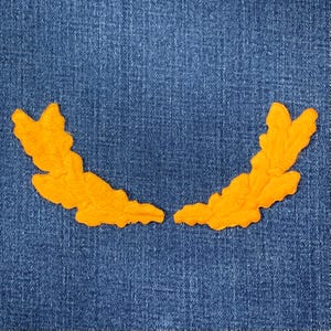 May include: Two orange leaf-shaped appliqués on a blue denim background. The appliqués are arranged in a symmetrical, curved pattern, with a textured surface. The denim has a classic, textured appearance.