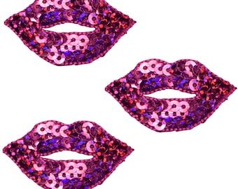 Pink Lips Applique Patch - Sequin, Kiss, Mouth Badge 1.75" (3-Pack, Iron on)