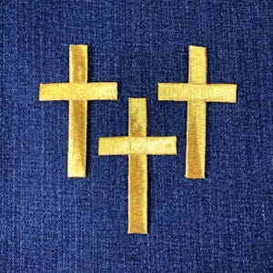 3-Pack Large Gold Cross Applique Patch - Embroidered Christ Jesus Badge 3" (Iron On)