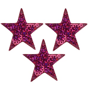 Sequin Star Applique Patch - Fuchsia, Pink Badge 1.5&quot; (3-Pack, Iron on)
