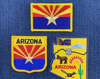 Juego de 3 parches de Arizona: insignias bordadas con la bandera, el escudo y el mapa de Arizona (para planchar).