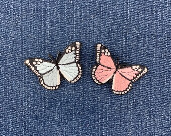 2-Pack Butterfly Applique Patch - Embroidered Blue & Pink Insect Badges 2" (Iron On)