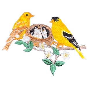 May include: Embroidered patch featuring two yellow birds perched on a branch with a nest containing three baby birds. The branch has green leaves and white flowers. The birds have black and white markings.