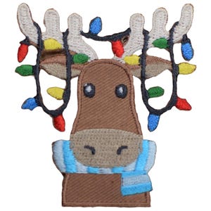 May include: Embroidered iron-on patch of a brown reindeer with a blue and white striped scarf and colourful Christmas lights wrapped around its antlers.