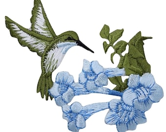Hummingbird Applique Patch - Blue Flowers, Bird Badge 3.5" (Iron on)