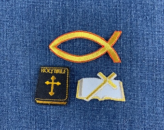 3-Pack Christian Patch Set - Embroidered Bible Cross Jesus Fish Ichthus Badges (Iron On)