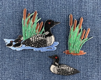 3-Pack Divers Loon Patch Set - Embroidered Duck & Baby Chicks Cattails Badges (Iron On)