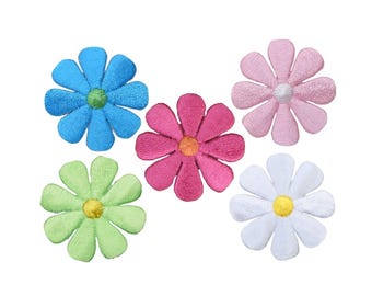 May include: Five embroidered daisy flower patches in various colours: blue, pink, green, white, and light pink. Each flower has a contrasting centre, with yellow or white details. These patches are ideal for adding a decorative touch to clothing or accessories.